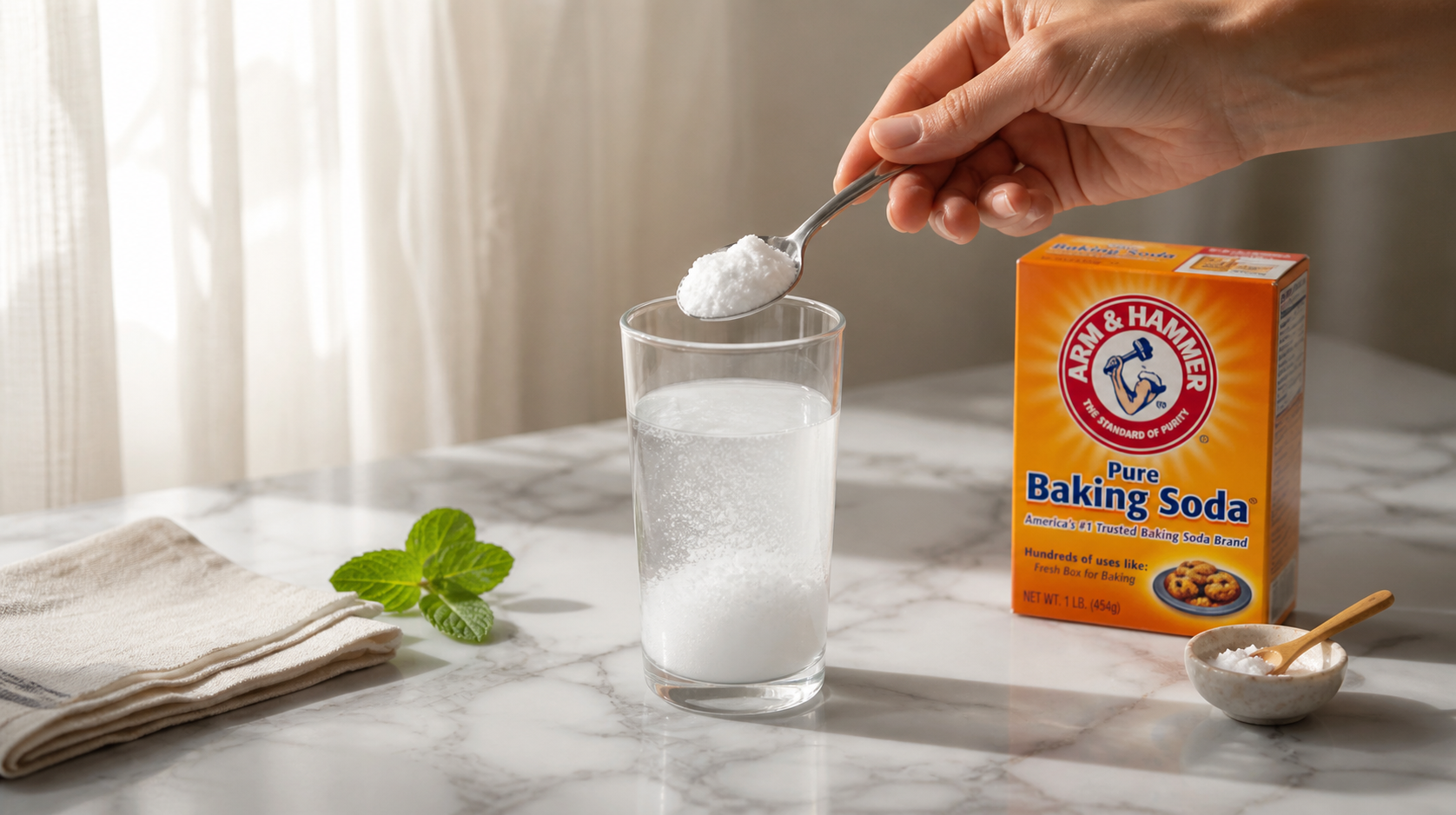 Woman preparing a baking soda drink in kitchen